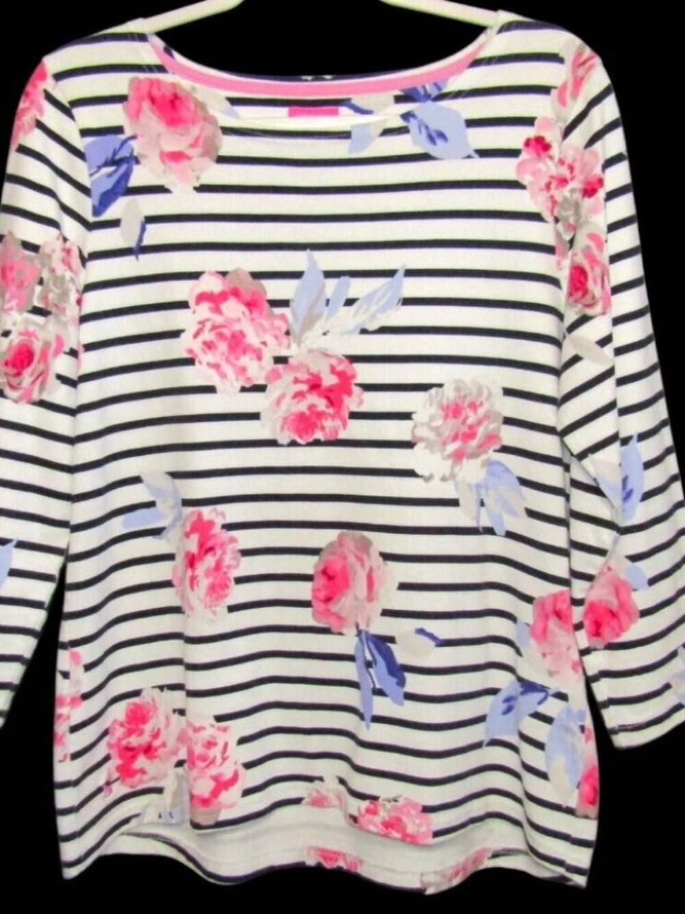 Joules Harbour Print Long Sleeve Top Navy Blue White Stripe Floral Size US 10